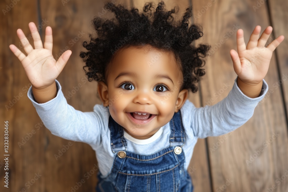 Happy baby raising hands and smiling on wooden floor Happy baby raising hands and smiling on wooden floor
