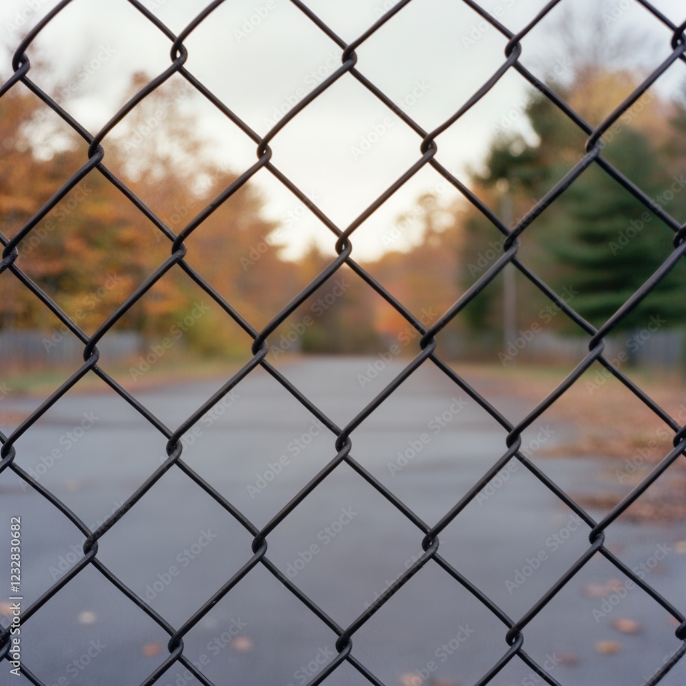 chain link fence with blurred autumn trees and road in the background chain link fence with blurred autumn trees and road in the background
