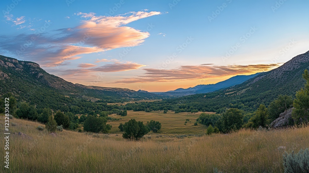 Serene Valley Landscape with Colorful Sky at Sunset in Nature Serene Valley Landscape with Colorful Sky at Sunset in Nature