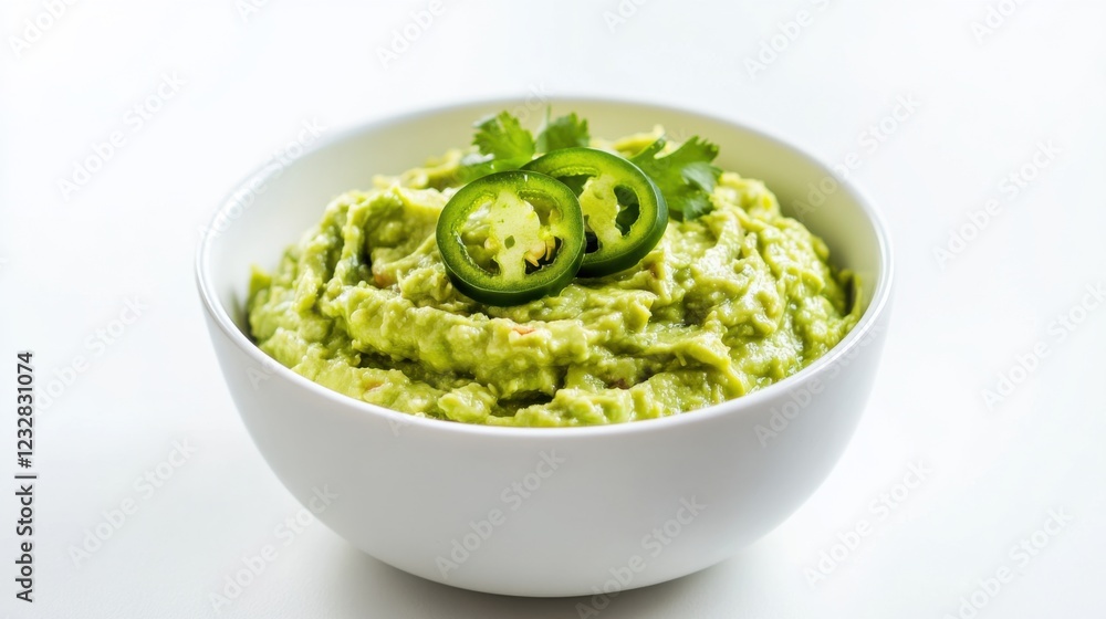 A simple bowl of freshly made guacamole topped with a few slices of jalapeno, served in a minimalist white ceramic bowl, Guacamole centered A simple bowl of freshly made guacamole topped with a few slices of jalapeno, served in a minimalist white ceramic bowl, Guacamole centered