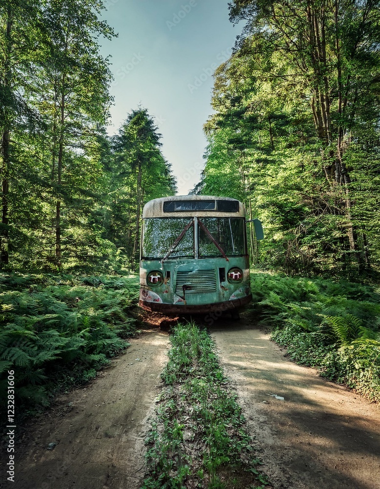 Naklejka premium Autobus abandonado el bosque, cubierto de malezaen medio de un camino rural