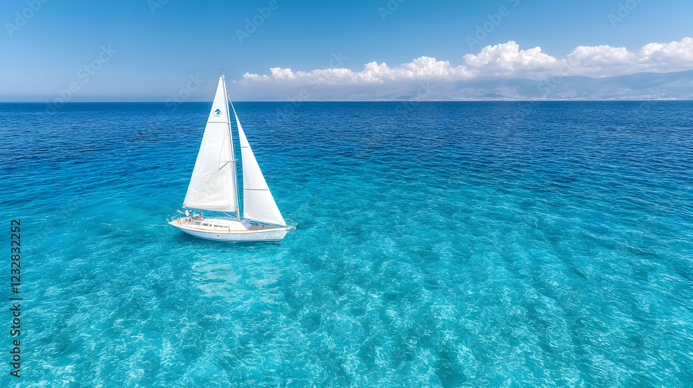 Obraz premium Sailboat sailing turquoise sea, island background, summer vacation