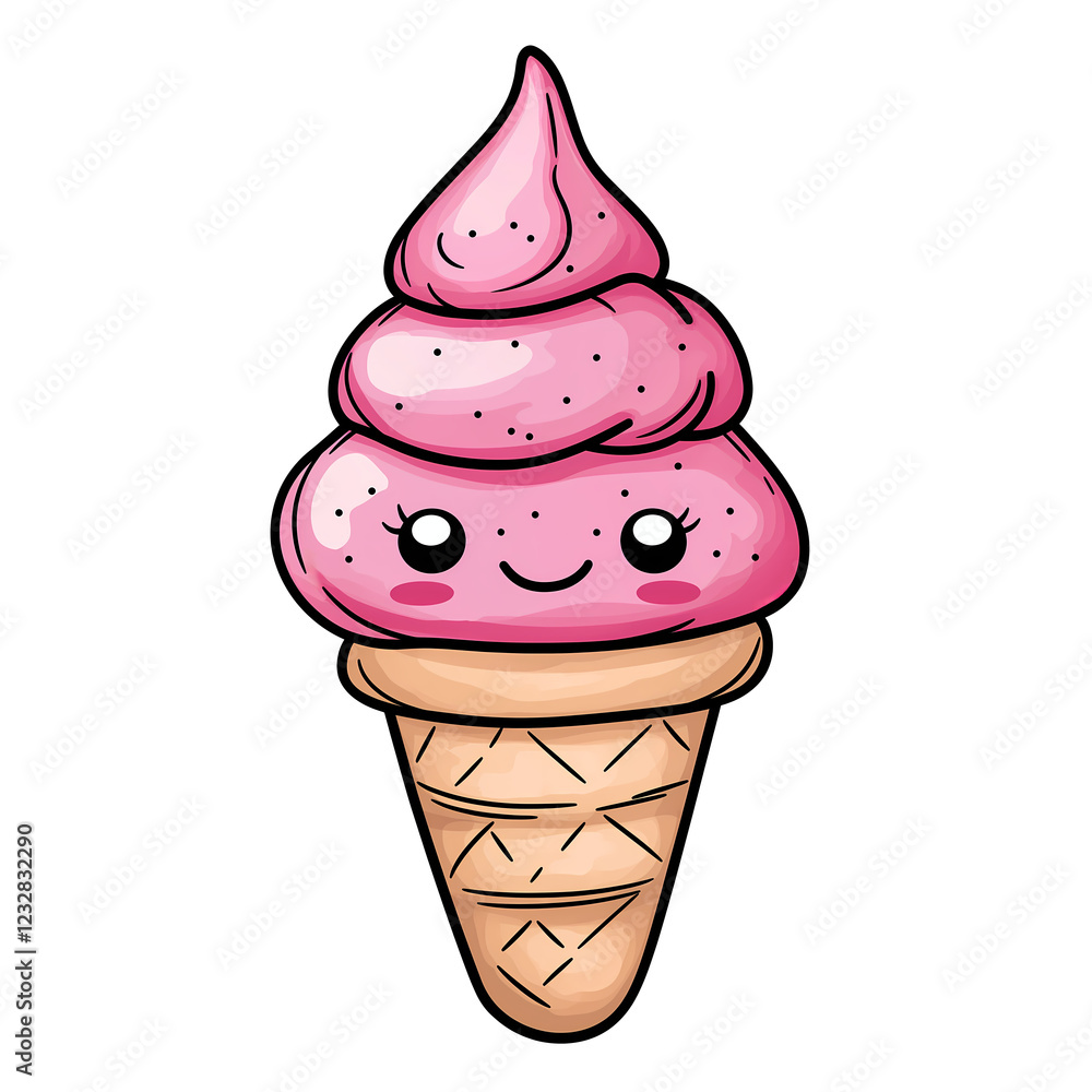 A cute, kawaii cartoon ice cream cone with pink swirls and a happy face. A cute, kawaii cartoon ice cream cone with pink swirls and a happy face.