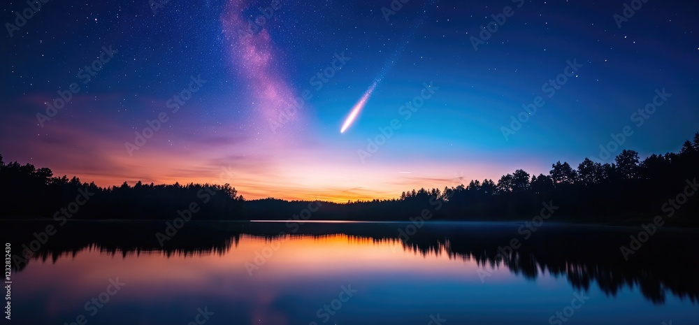 Fototapeta premium Comet over serene lake at sunset, starry sky, nature background