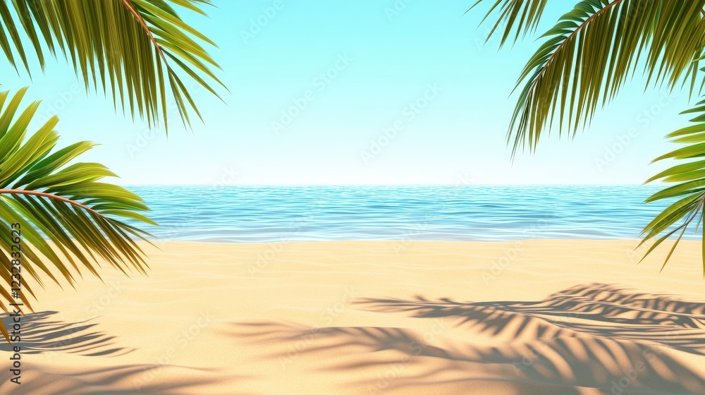 Fototapeta premium Tranquil Tropical Beach Scene with Lush Palm Fronds Framing Calm Waters and Golden Sand Under a Clear Blue Sky