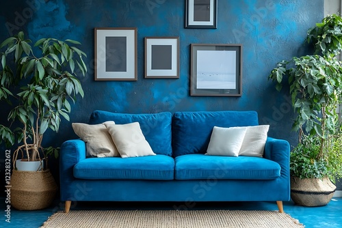 a modern and artistic living room design featuring a striking backdrop, a raised sofa, decorative photo frames, and a full wall background that works well for stock photography.