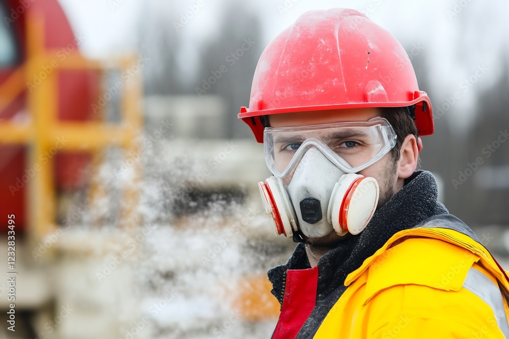Worker wearing respirator, winter construction site Worker wearing respirator, winter construction site