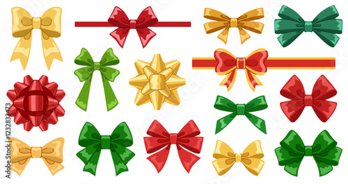 Christmas cartoon bows set. Red, green and gold tied bows for holiday decoration and packaging. Shiny beautiful decorations for Christmas, birthday and other holidays.