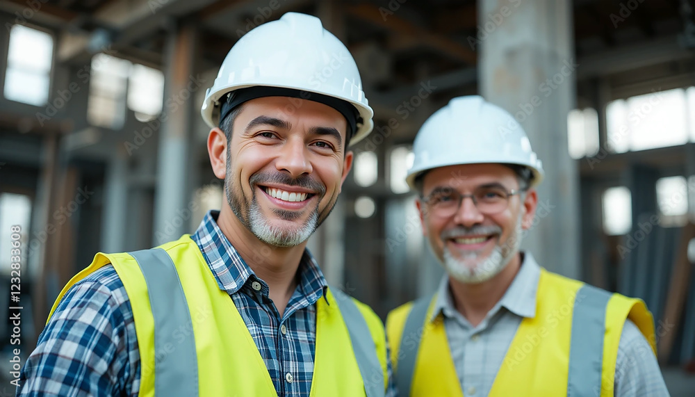 two senior engineers wearing white hardhats standing and posing at a construction site, looking at the camera with smile with blank copy space two senior engineers wearing white hardhats standing and posing at a construction site, looking at the camera with smile with blank copy space