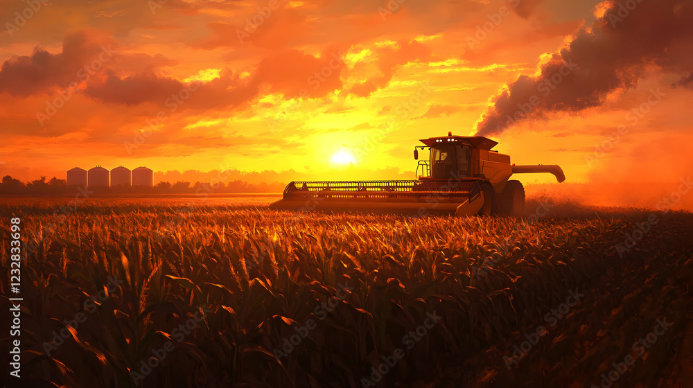 Fototapeta premium Majestic Harvester at Sunset: A Golden Hour Harvest