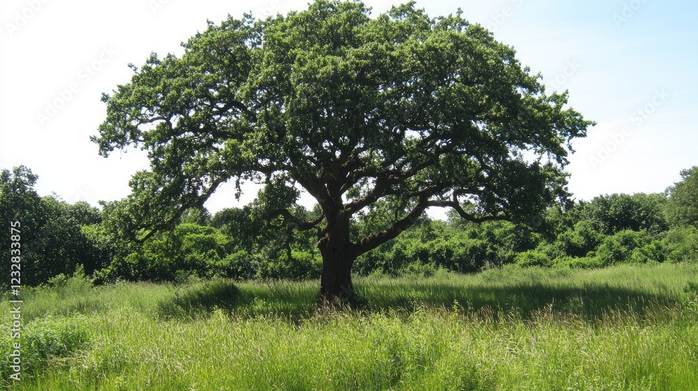Majestic Oak Tree Stands Tall In Verdant Meadow Majestic Oak Tree Stands Tall In Verdant Meadow