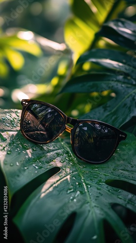 Stylish sunglasses resting on lush green leaves under warm sunlight