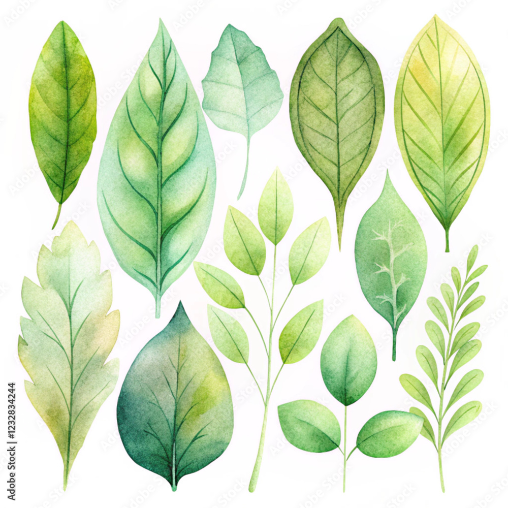 set of spring leaves illustration watercolor style illustration vector with a white background. set of spring leaves illustration watercolor style illustration vector with a white background.