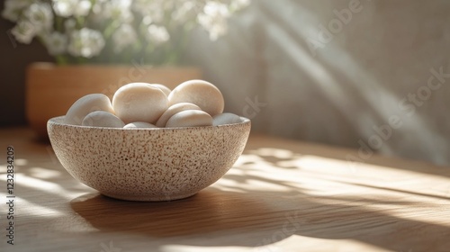 Decorative bowl filled with smooth stones placed near a sunlit window with de...