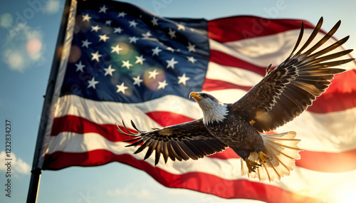 A majestic bald eagle soars through the sky, its wings outstretched in a powerful display of freedom and national pride.