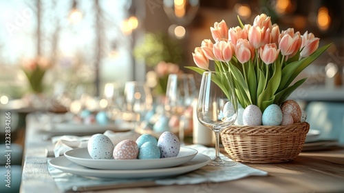 Decorative Easter table setting with pastel eggs and tulips in a cozy spring ...