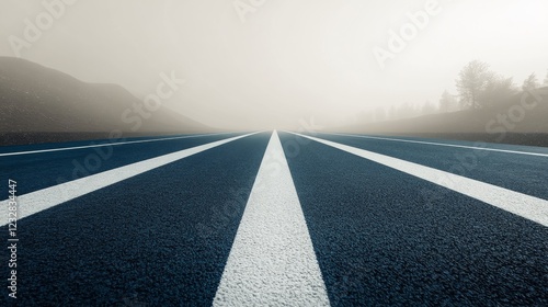 Foggy road with clear lane markings stretching into the distance on a quiet m...