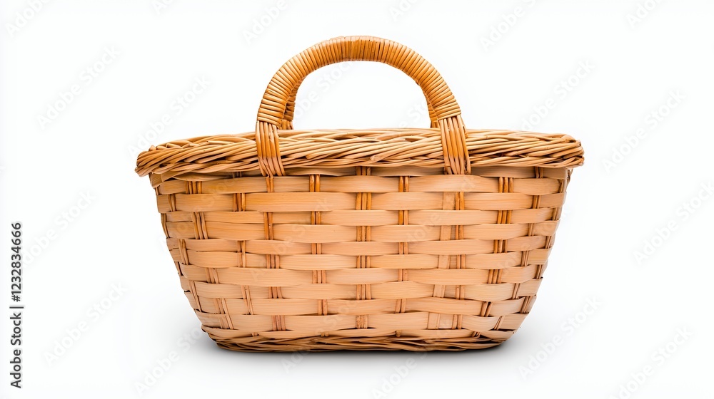 Rustic Woven Basket with Sturdy Handle, Ideal for Picnics or Everyday Use, Natural Brown Color, White Background Rustic Woven Basket with Sturdy Handle, Ideal for Picnics or Everyday Use, Natural Brown Color, White Background