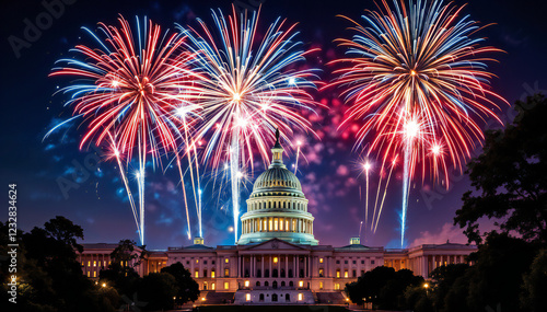 Spectacular firework illuminate night sky over iconic Capitol building in a vibrant display of celebration. capturing patriotic fervor and festive joy