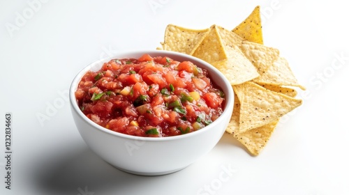 A simple bowl of freshly made tomato salsa with a few tortilla chips on the side, served in a minimalist white ceramic bowl, Salsa centered