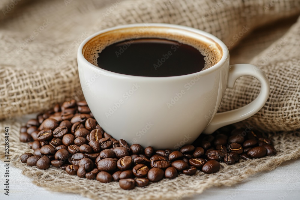 Isolated on a white backdrop, there is a coffee cup with beans beside it, showcasing a copy space image. Isolated on a white backdrop, there is a coffee cup with beans beside it, showcasing a copy space image.