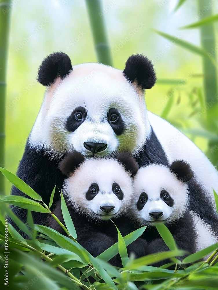 Fototapeta premium Family of Giant Pandas in Nature - A heartwarming image of a mother panda with her two adorable cubs surrounded by lush green bamboo.