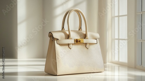 Elegant cream handbag with golden accents showcased in soft natural light
