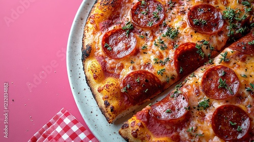 Delicious pepperoni pizza served on a white plate with fresh basil and herbs