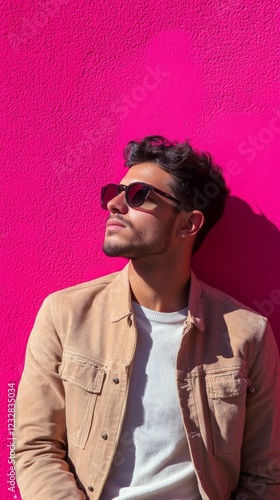 Young man enjoying a sunny day against a vibrant pink wall in an urban location