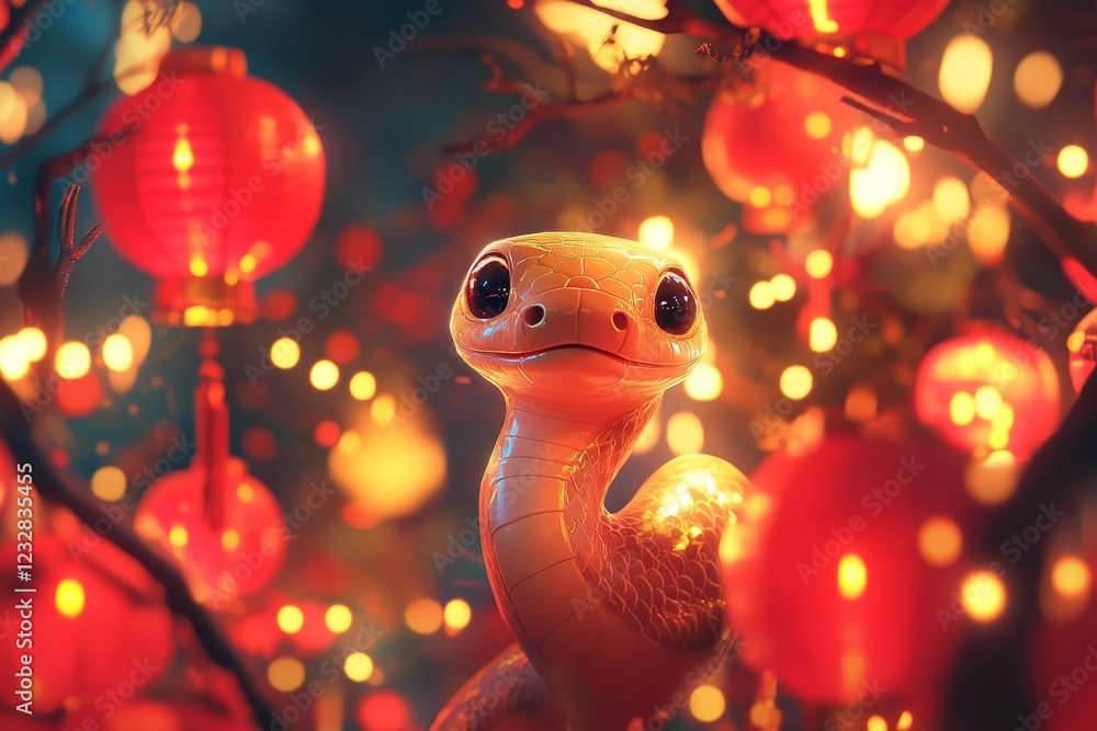 Festive Snake And Lanterns Celebration - A joyful snake among glowing lanterns symbolizes prosperity luck and tradition during the vibrant New Year celebration. Festive Snake And Lanterns Celebration - A joyful snake among glowing lanterns symbolizes prosperity luck and tradition during the vibrant New Year celebration.