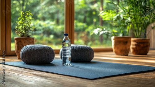 Relaxing wellness space with yoga mat and water bottles surrounded by indoor ...
