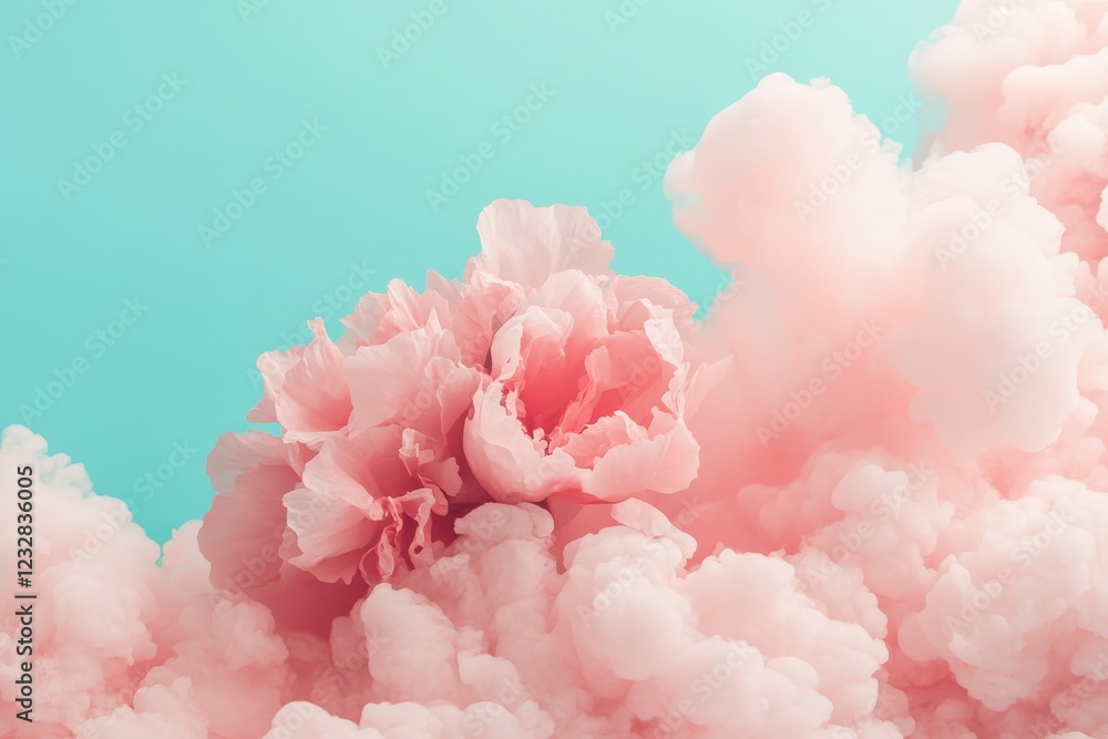 Soft Pink Flower Among Dreamy Clouds on Light Blue Background Soft Pink Flower Among Dreamy Clouds on Light Blue Background