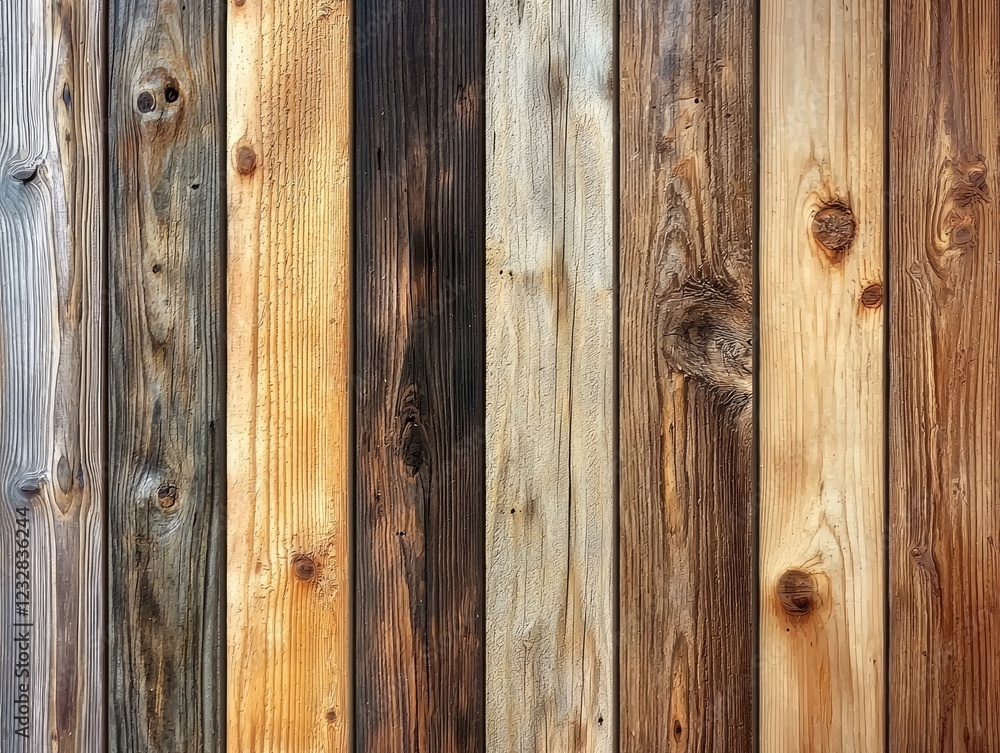 Vertical weathered wood planks display various colors and textures