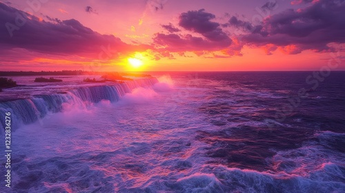 Vibrant sunset over powerful waterfall cascading into ocean. photo