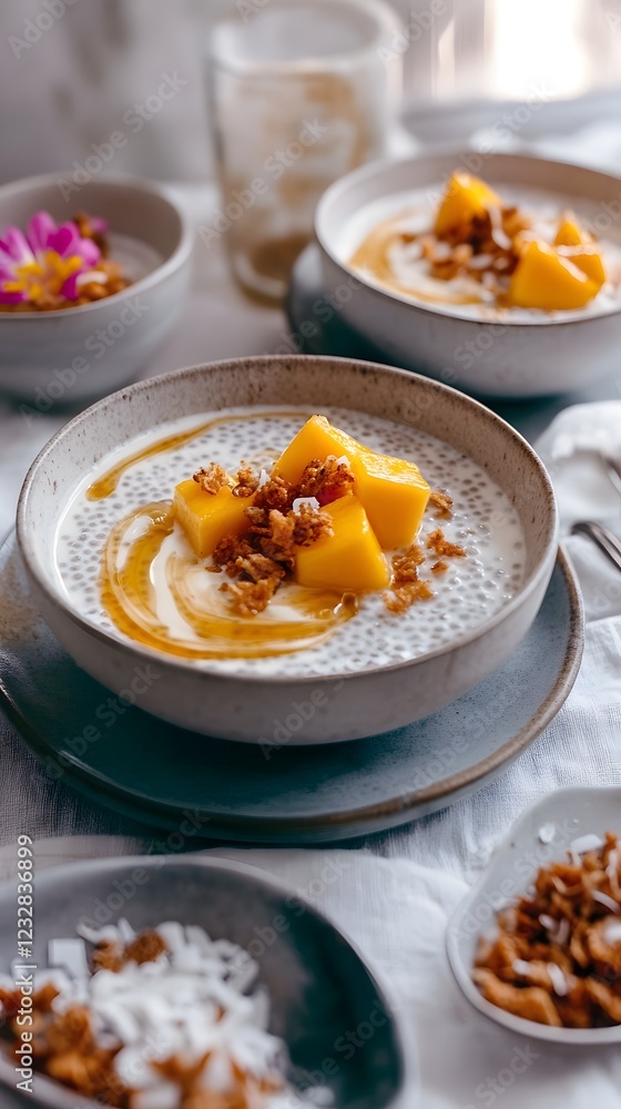 Mango Chia Pudding with Honey Drizzle: A visually appealing and delicious breakfast or dessert, featuring a creamy chia pudding topped with fresh mango chunks, a generous drizzle of honey. Mango Chia Pudding with Honey Drizzle: A visually appealing and delicious breakfast or dessert, featuring a creamy chia pudding topped with fresh mango chunks, a generous drizzle of honey.