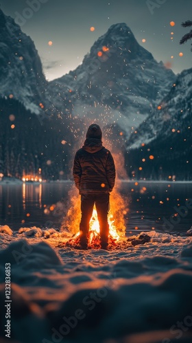 Person enjoys warmth of fire on snow-covered shore near mountains at twilight
