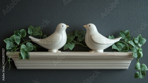 Ceramic birds on a wooden shelf surrounded by green ivy plant