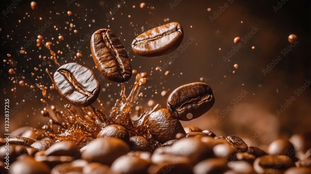 Roasted coffee beans splashing in delicious coffee, cut out Roasted coffee beans splashing in delicious coffee, cut out