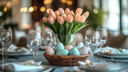 Elegant spring table setting with pink tulips and pastel decorations for a fe...