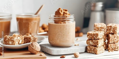 Nutty Delight: A close-up shot of a creamy nut butter spread in a glass jar, accompanied by almond milk, granola bars, and nuts, creating a tempting and healthy snack or breakfast spread.  