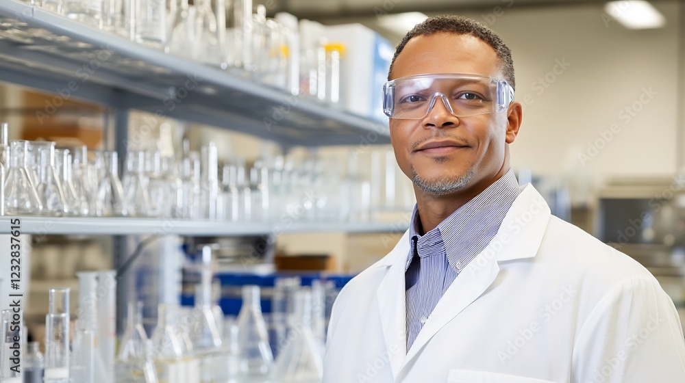 Scientist lab portrait, glassware background, research Scientist lab portrait, glassware background, research