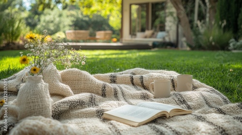 Reading a book with coffee surrounded by flowers on a cozy blanket in a natur...