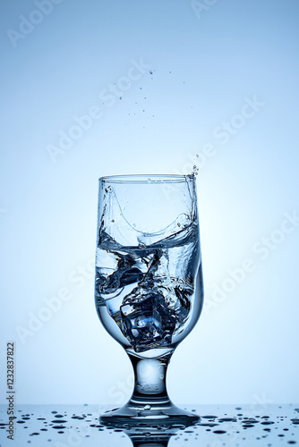Refreshing splash of ice in a crystal-clear glass under serene blue backdrop