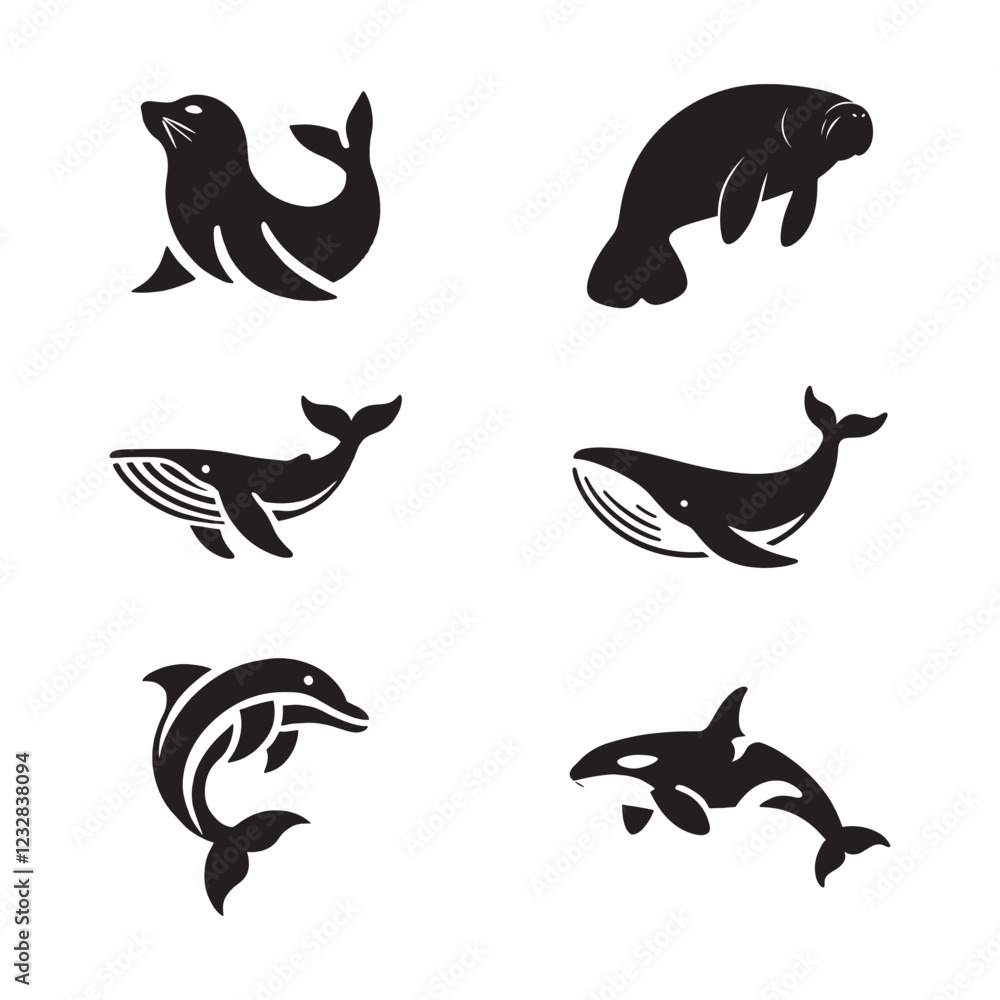 Marine Mammal Silhouette Icons vector art illustration Marine Mammal Silhouette Icons vector art illustration