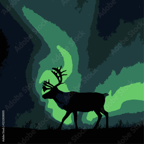 silhouette of a deer, deer and northern lights, deer in the night, deer in the forest, deer in the woods, deer silhouette vector