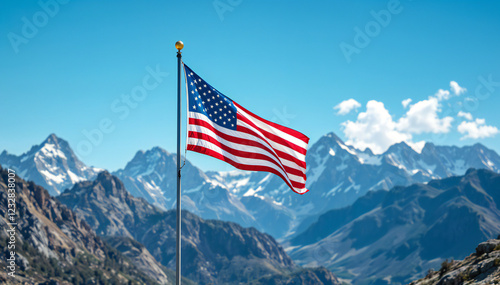 American flag waving on a flagpole with a mountainous landscape in the background, featuring snow-capped peaks and a clear blue sky