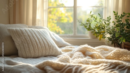 Cozy bedroom with soft pillows and natural light shining through the window i...