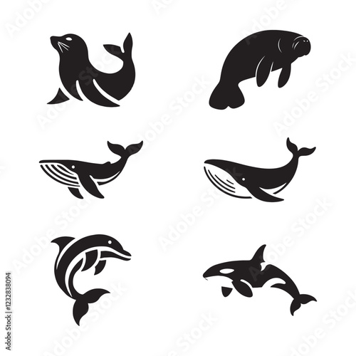 Marine Mammal Silhouette Icons vector art illustration