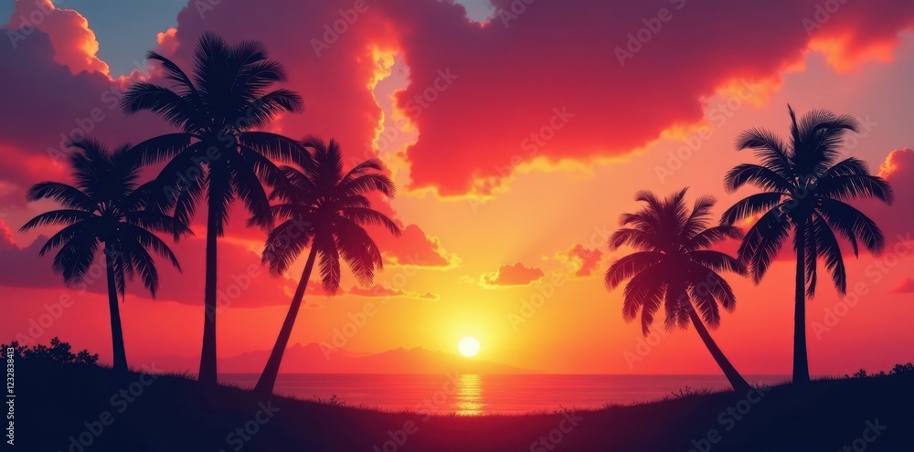 Silhouetted palm trees against vibrant summer sunset sky, tropical island, caribbean Silhouetted palm trees against vibrant summer sunset sky, tropical island, caribbean