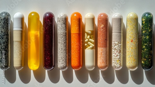 Colorful assortment of dietary supplements arranged on a white background